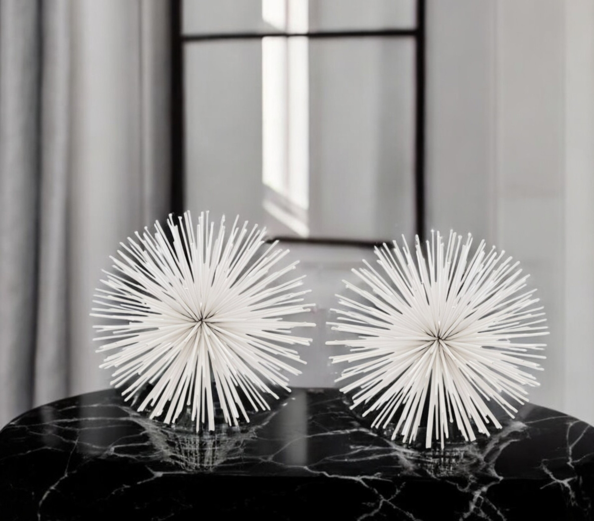 568890 White Iron Decorative Spiky Sphere Tabletop Sculpture - Set of 2