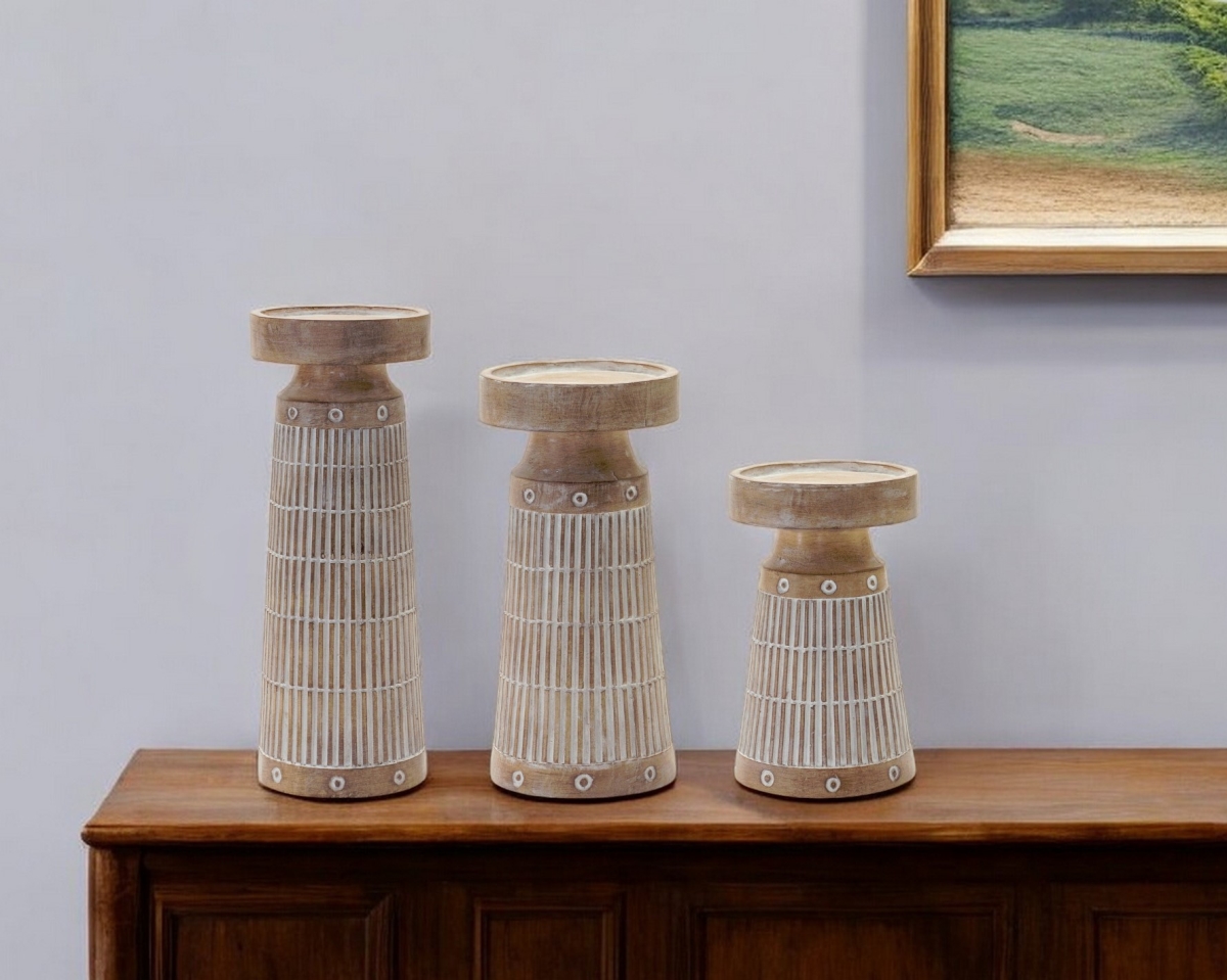 Picture of HomeRoots 517632 Natural & White Polyresin Geometric Tabletop Pillar Candle Holders - Set of 3