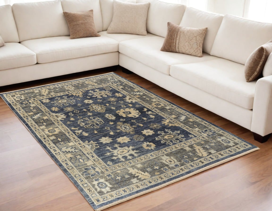 567097 5 x 8 ft. Wool Floral Hand Knotted Rectangle Area Rug with Fringe, Blue & Gray