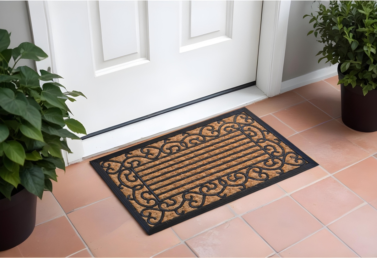 Decorative Rubber Door Mat - Brown & Black - 18 x 30 in. - Durable Scrollwork Design