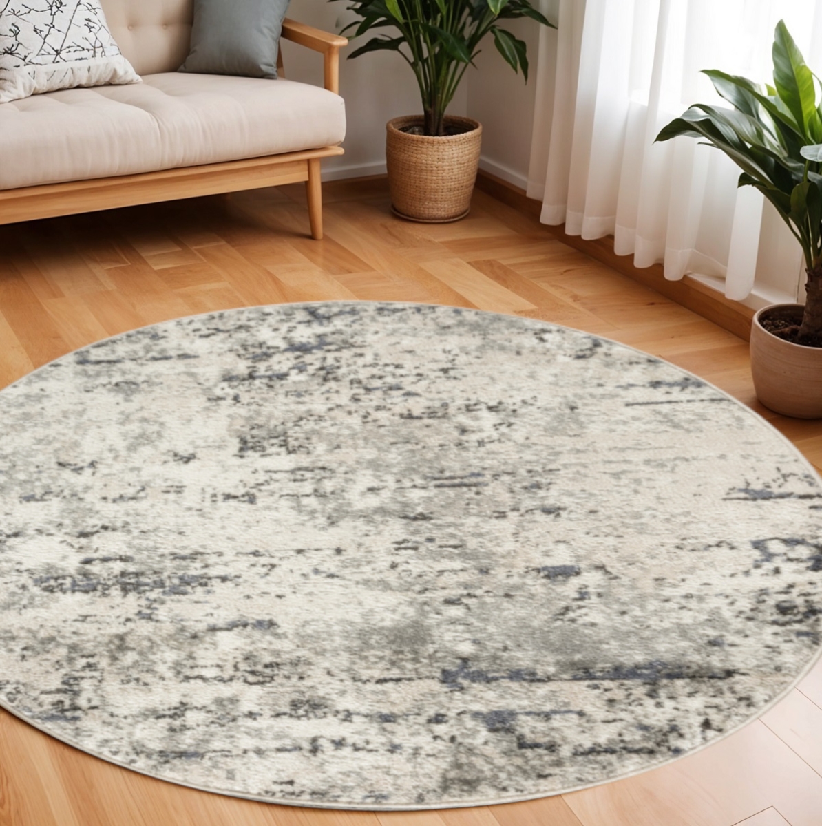 572520 8 ft. Floral Power Loom Round Rug, Gray