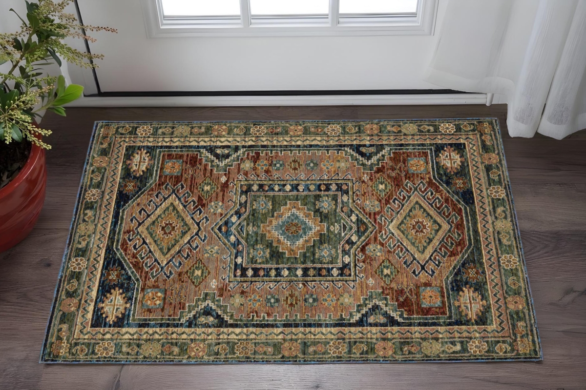 575967 3 x 5 ft. Tribal Rectangle Area Rug, Blue, Rust & Tan