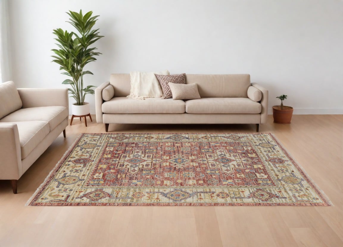 567148 9 x 12 ft. Wool Oriental Hand Knotted Rectangle Area Rug with Fringe, Ivory, Red & Gold