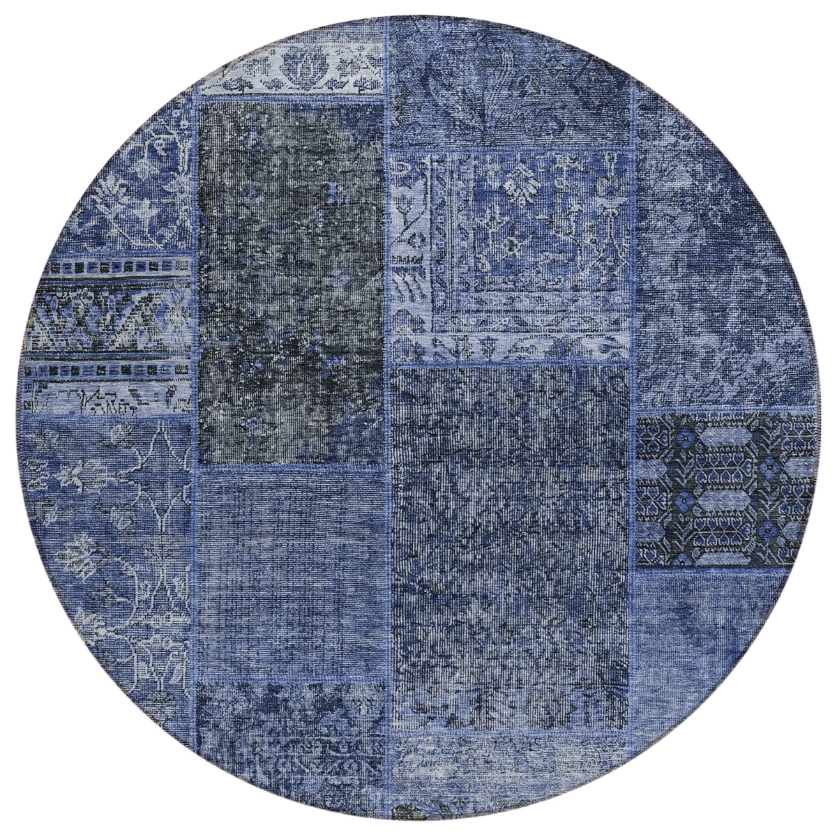 580906 8 ft. Round Patchwork Washable Indoor & Outdoor Area Rug, Navy Blue, Blue & Charcoal