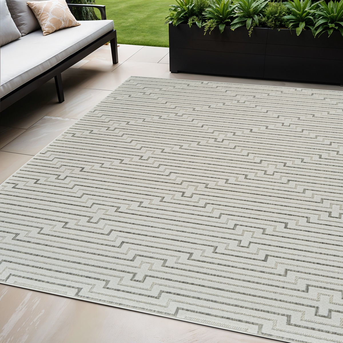558789 5 x 7 ft. Geometric Distressed Indoor & Outdoor Rectangle Area Rug, Cream & Beige