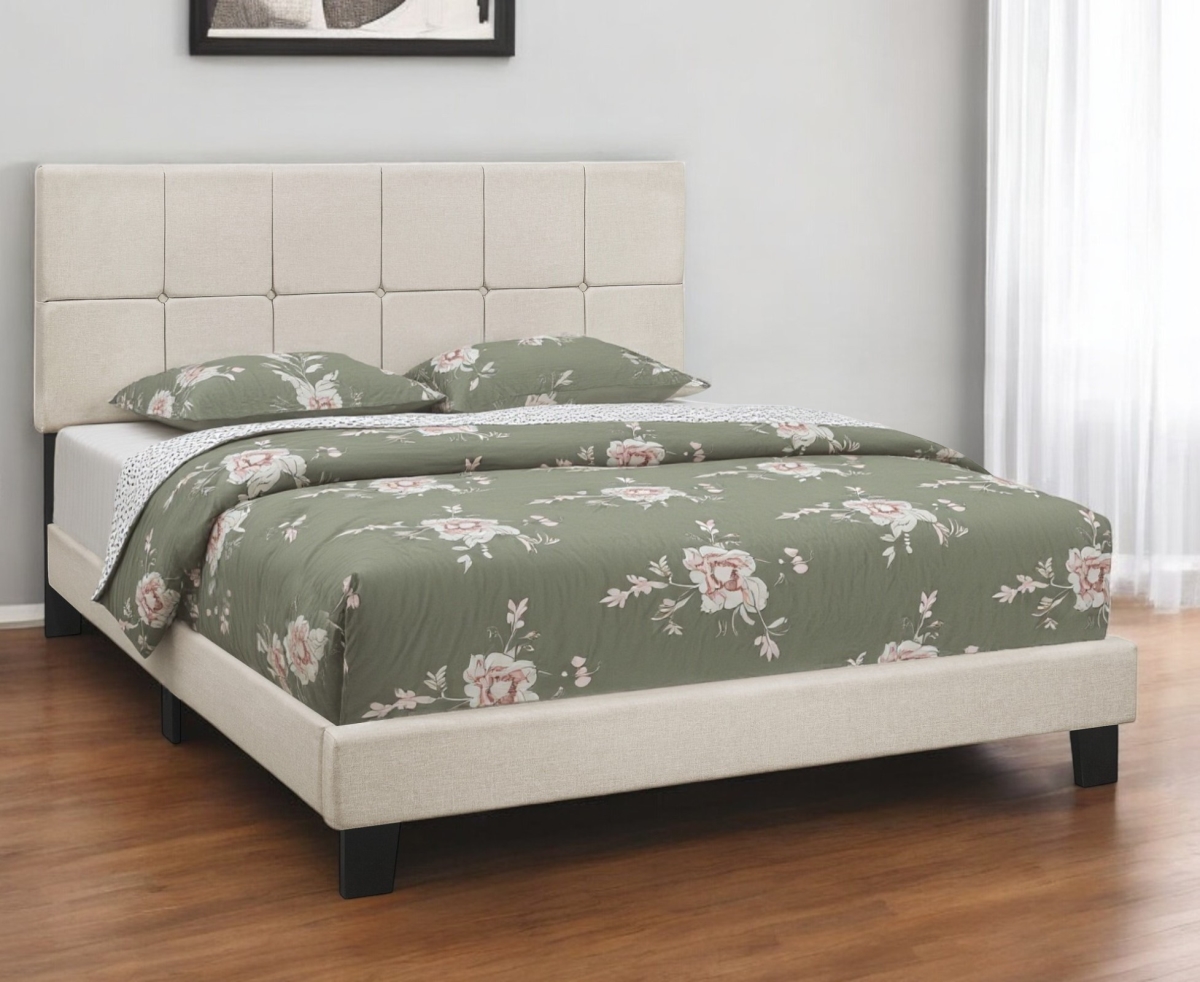 490194 Beige Tufted Linen Queen Size Bed Frame