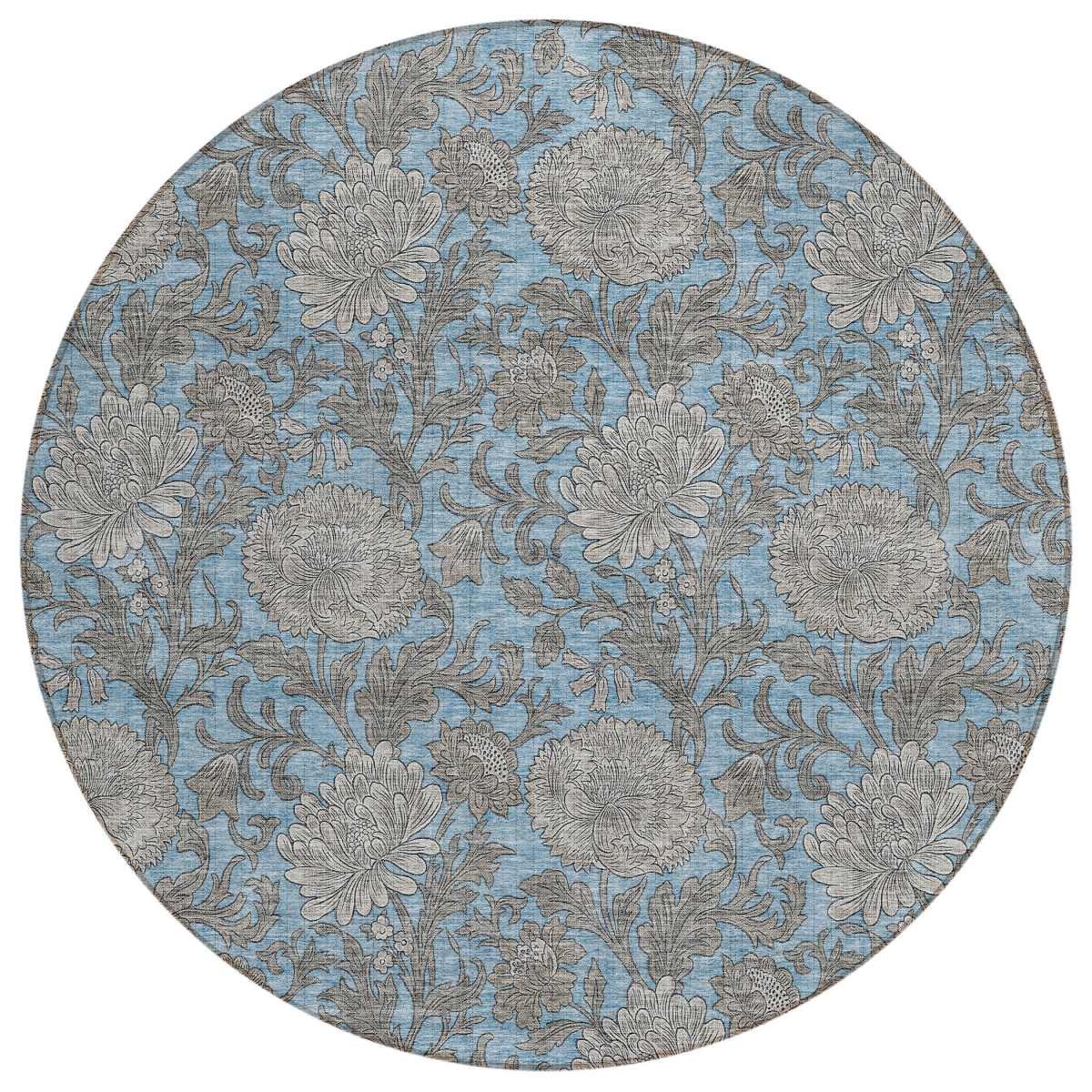 581223 8 ft. Round Floral Washable Indoor & Outdoor Area Rug, Blue, Gray & Silver