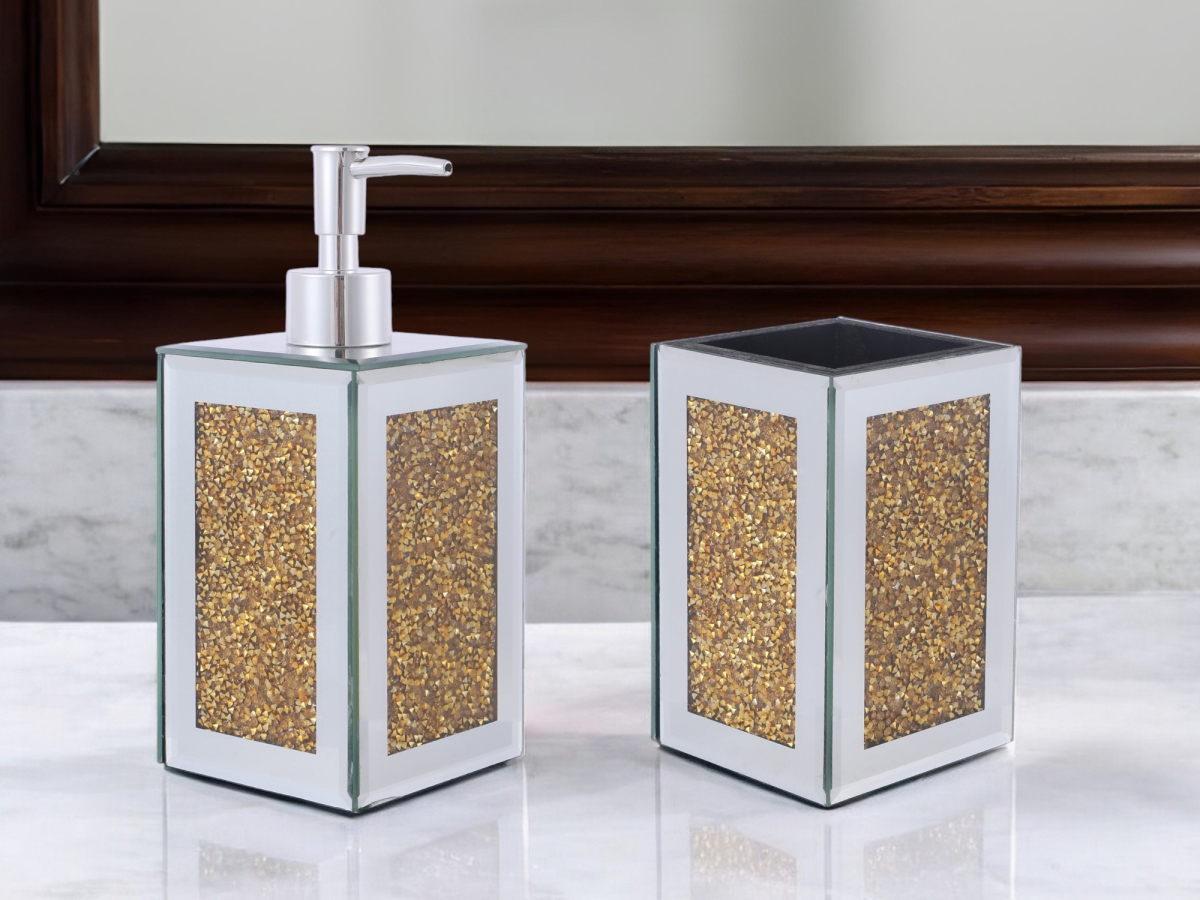 Picture of HomeRoots 571661 2 Piece Gold & Mirrored Glass Bling Bathroom Accessory Set