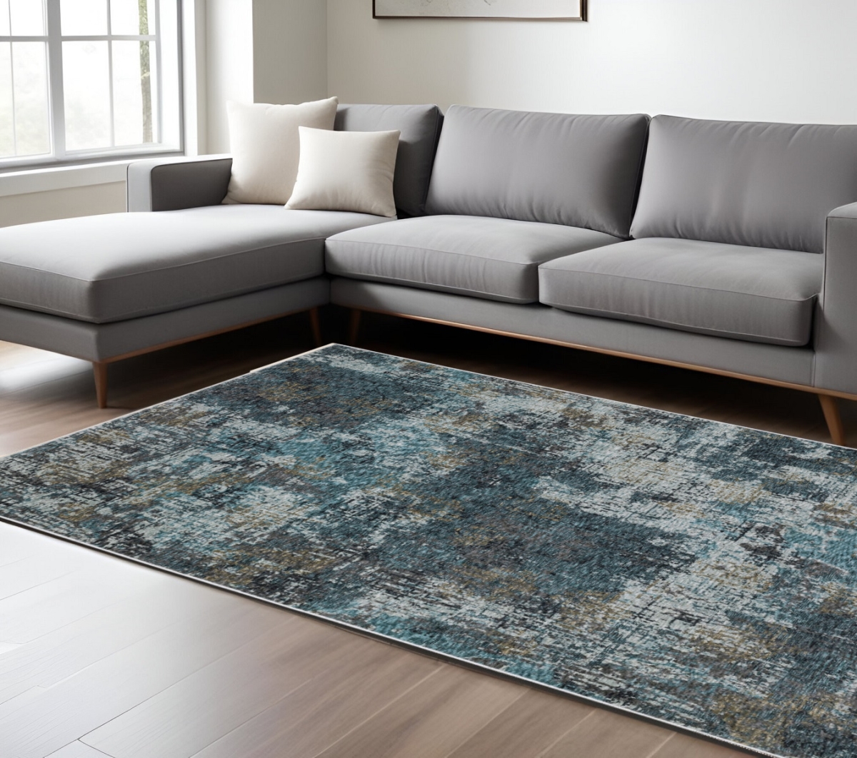 574758 10 x 13 ft. Abstract Distressed Rectangle Area Rug with Fringe, Blue & Gray