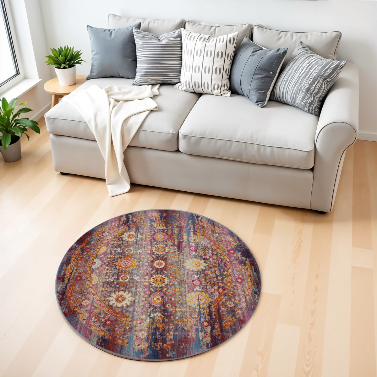 552458 4 ft. Floral Distressed Round Rug, Blue, Yellow & Red