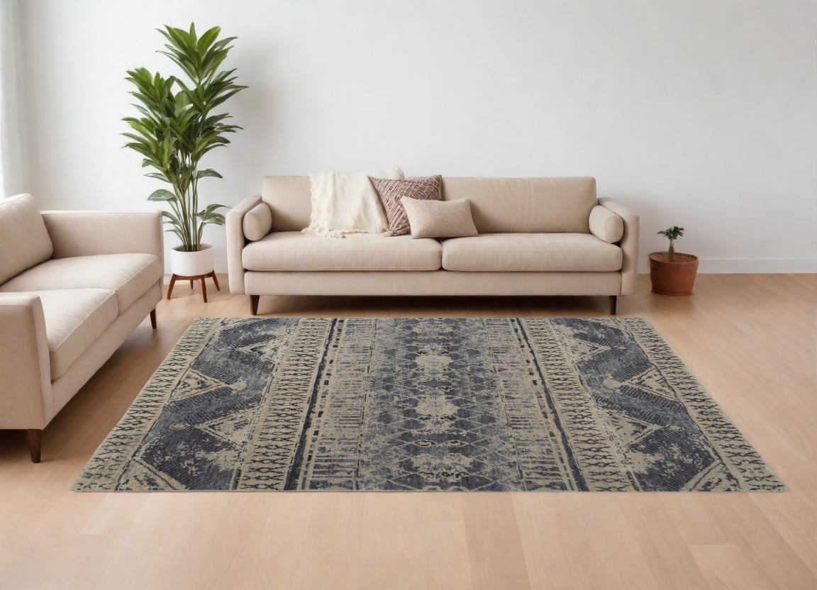 567517 8 x 10 ft. Wool Floral Hand Knotted Rectangle Area Rug, Gray, Blue & Ivory