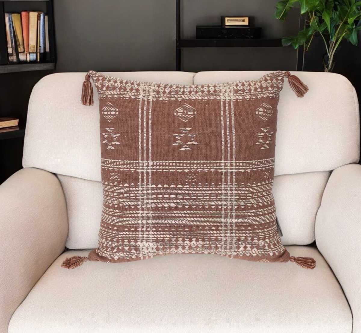Cotton Throw Pillow - Beige & Brown - 18 x 18 in. - Soft with Tassels