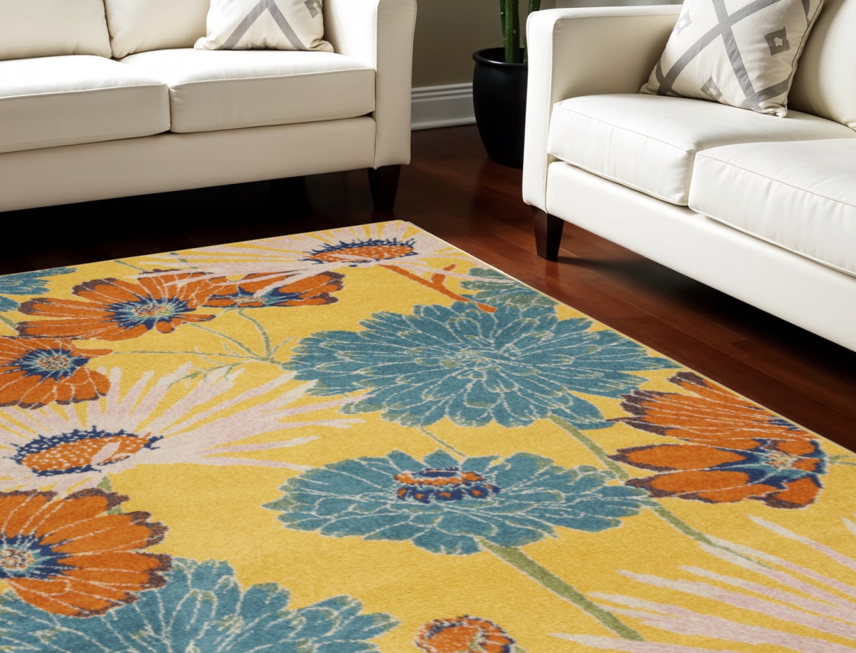 551496 9 x 12 ft. Floral Power Loom Rectangle Area Rug, Yellow