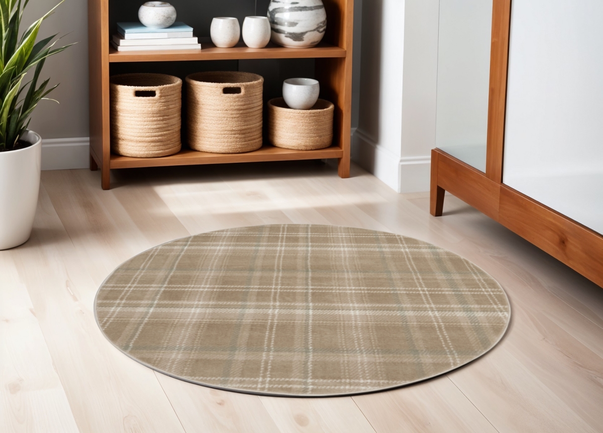 573910 5 ft. Plaid Power Loom Round Rug, Taupe & Ivory