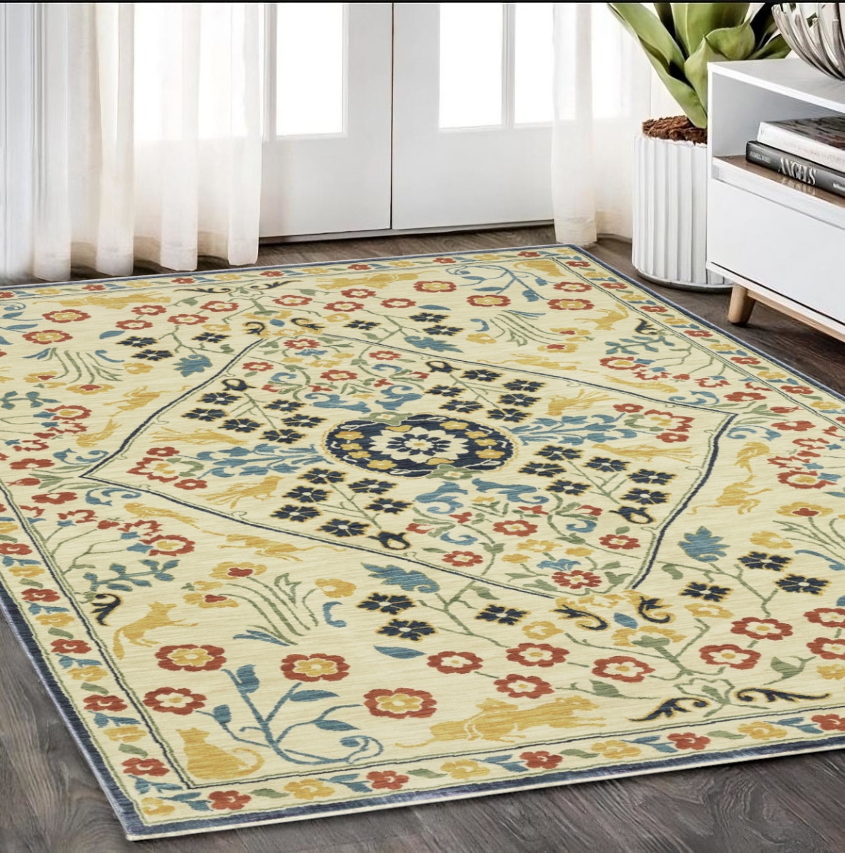 574597 5 x 8 ft. Oriental Rectangle Area Rug with Fringe, Ivory, Orange & Navy Blue