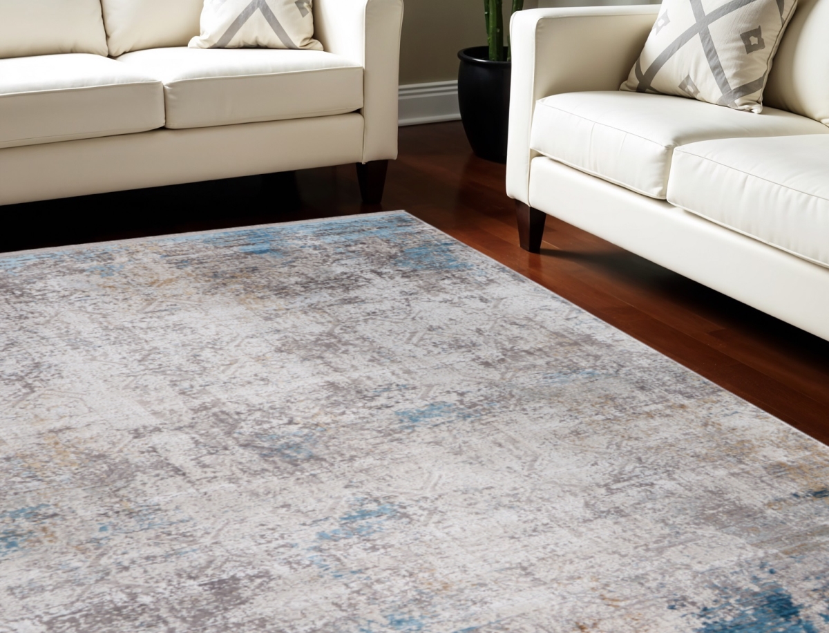 566019 13 x 20 ft. Abstract Power Loom Rectangle Area Rug with Fringe, Ivory, Gray & Blue