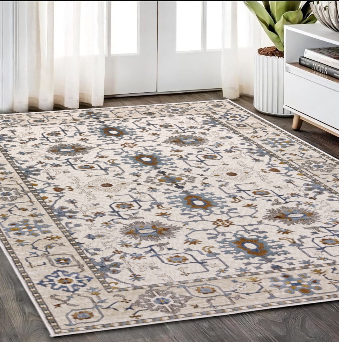 574814 5 x 8 ft. Oriental Rectangle Area Rug, Ivory, Burnt Orange & Blue