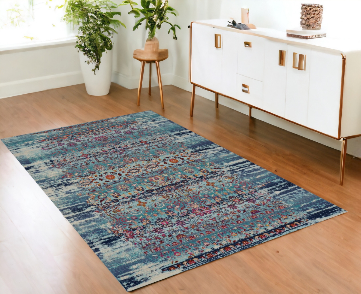 553361 4 x 6 ft. Floral Distressed Rectangle Area Rug, Blue, Red & Orange