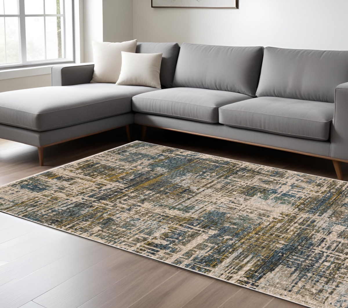 574768 8 x 11 ft. Abstract Distressed Rectangle Area Rug with Fringe, Blue & Gold