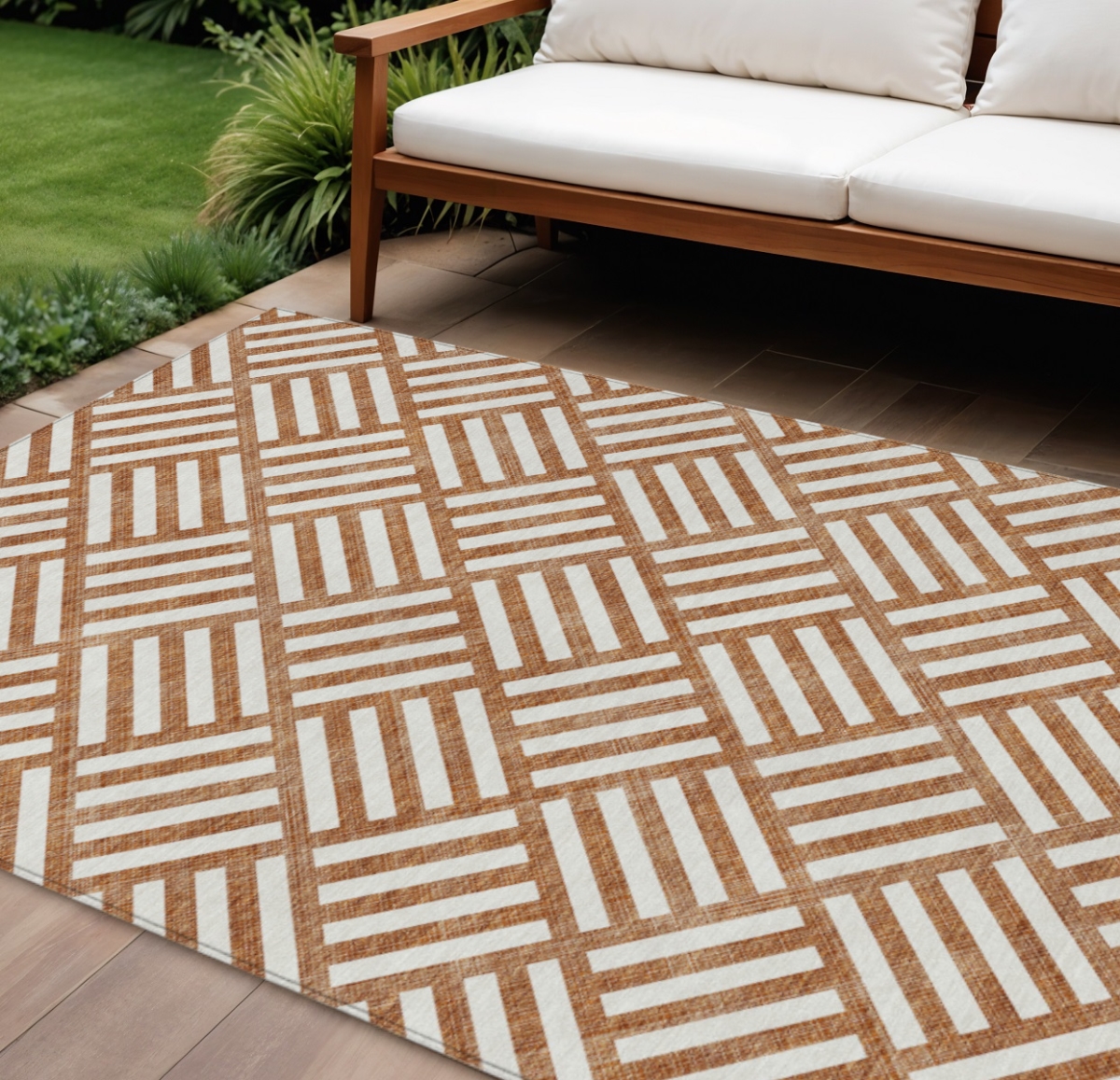578795 10 x 14 ft. Geometric Washable Indoor & Outdoor Rectangle Area Rug, Orange & Ivory