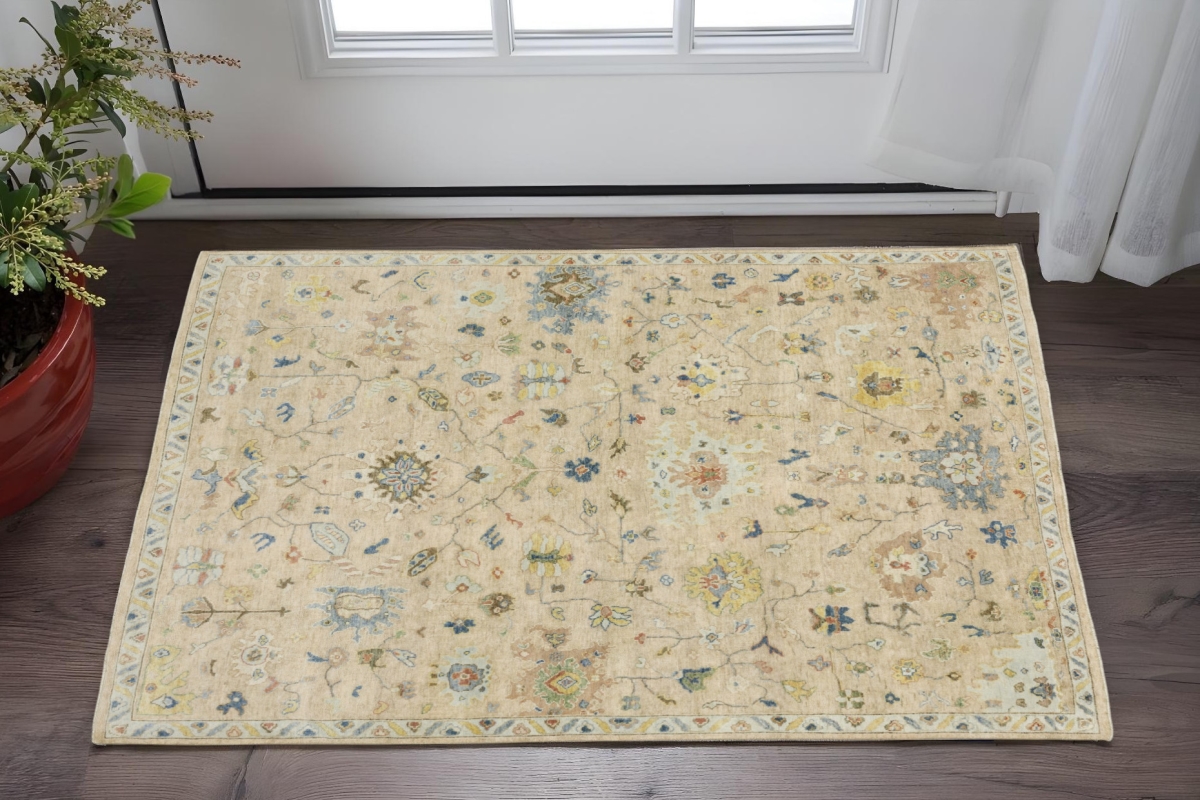 575288 2 x 3 ft. Wool Oriental Hand Knotted Rectangle Area Rug with Fringe, Beige, Blue & Yellow