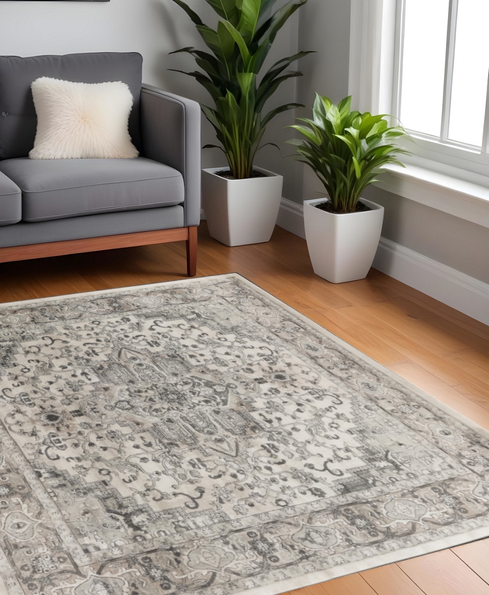 545184 5 ft. Gray & Ivory Square Medallion Power Loom Distressed Area Rug