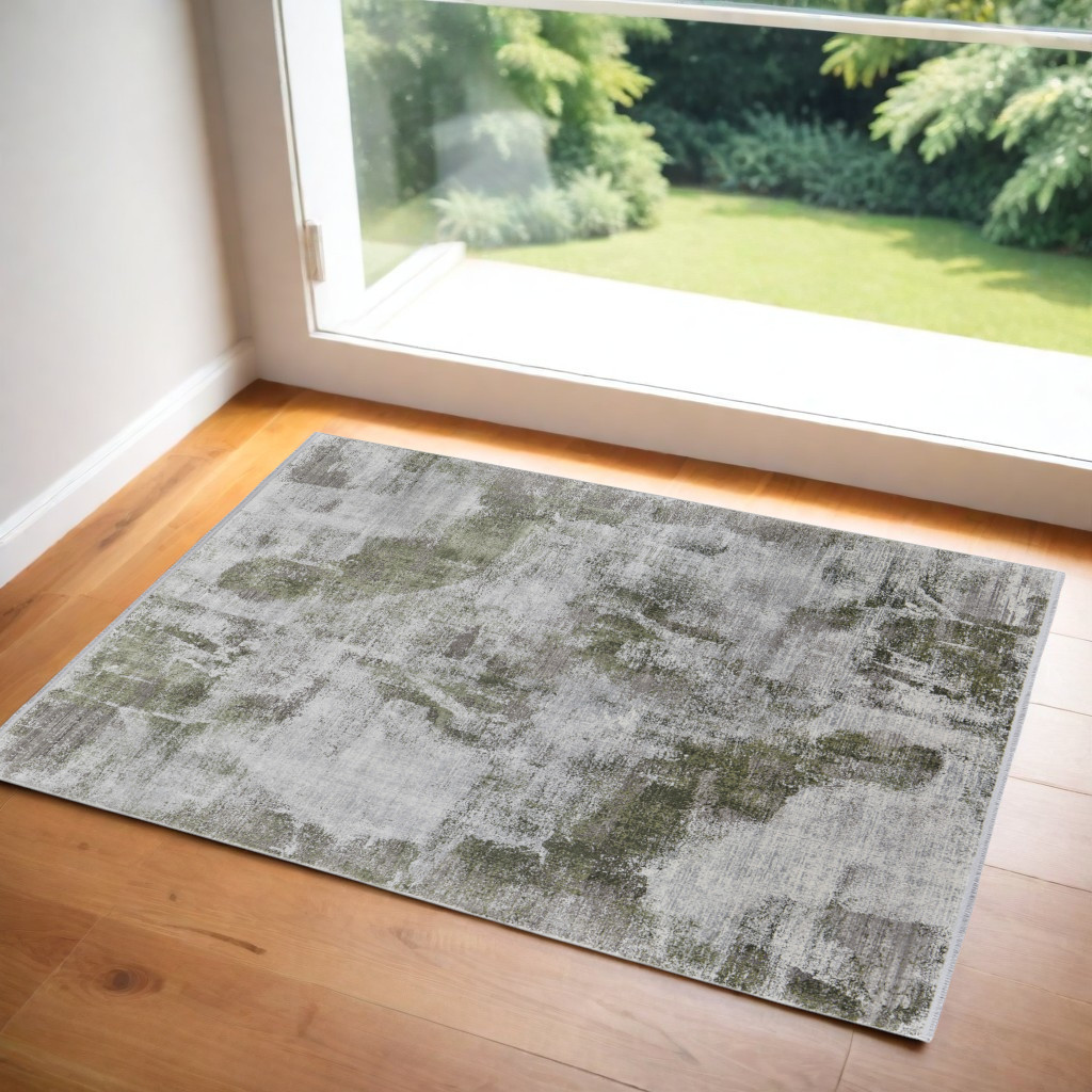 566091 2 x 3 ft. Ikat Power Loom Rectangle Area Rug with Fringe, Gray, Silver & Green