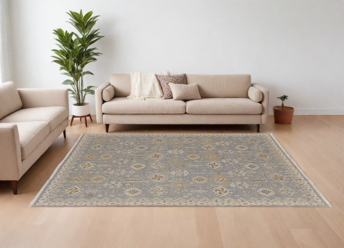 566757 8 x 10 ft. Wool Oriental Hand Knotted Rectangle Area Rug with Fringe, Gray & Ivory