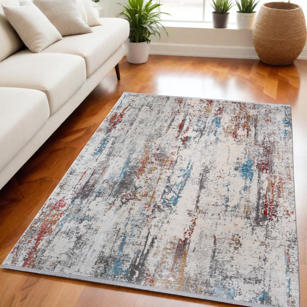 566063 5 x 8 ft. Abstract Power Loom Rectangle Area Rug with Fringe, Gray, Blue & Red