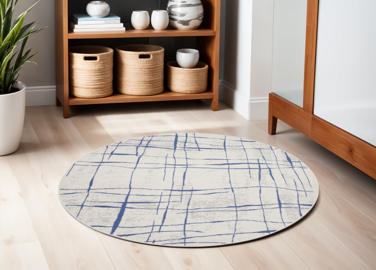 552403 5 ft. Abstract Geometric Distressed Round Rug, Ivory & Blue