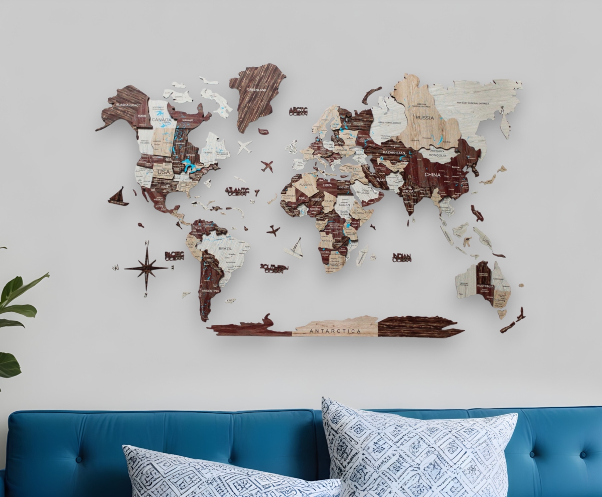Picture of HomeRoots 521590 Horizontal 35 x 59 in. Brown & Beige Wood World Map Hanging Dimensional Sculpture