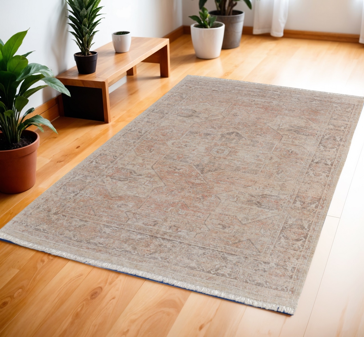 566216 4 x 6 ft. Oriental Hand Woven Distressed Rectangle Area Rug with Fringe, Tan, Orange & Ivory