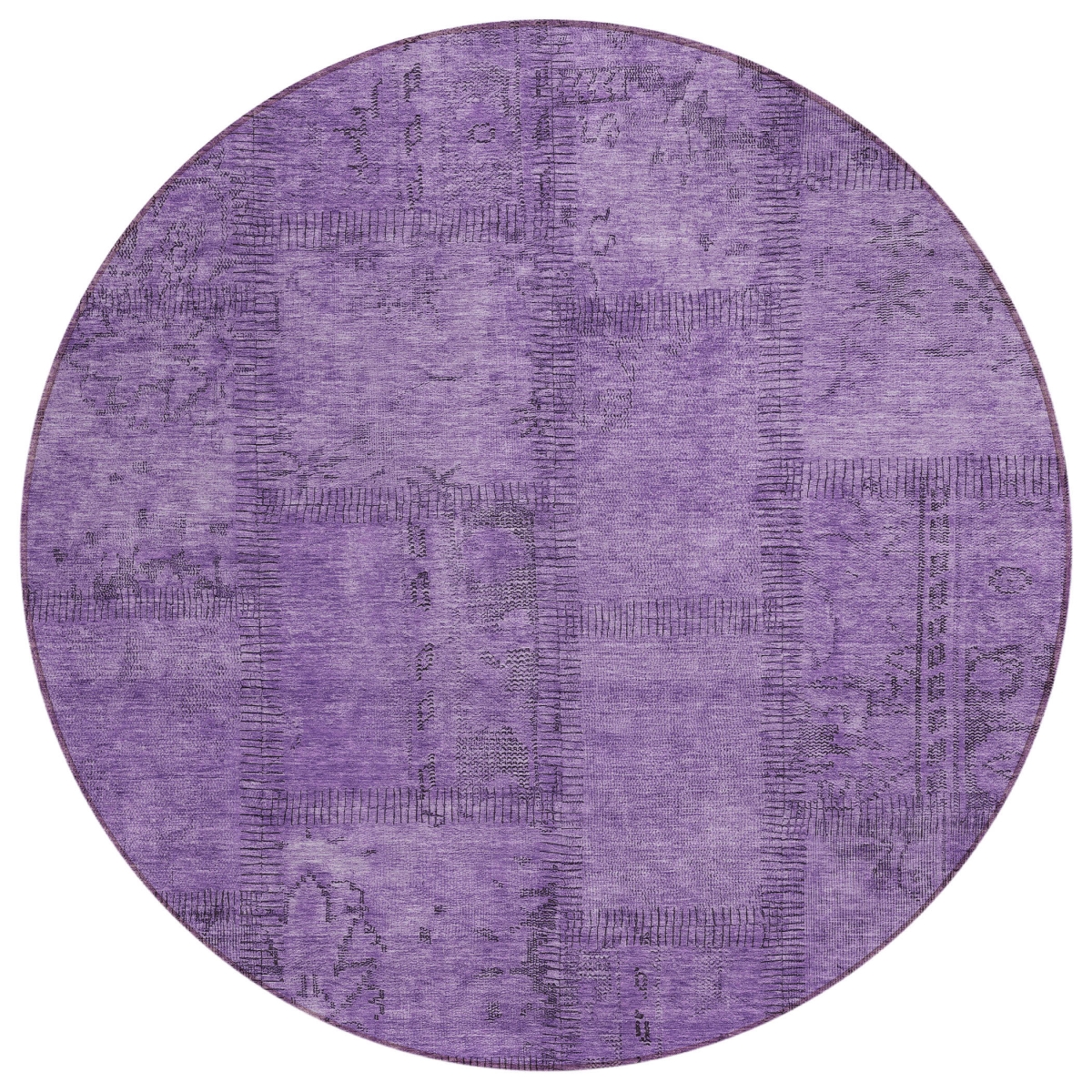 581607 8 ft. Round Patchwork Washable Indoor & Outdoor Area Rug, Purple, Eggplant & Gray