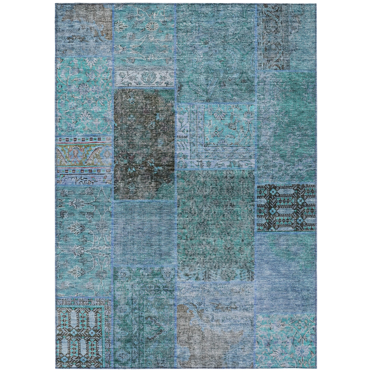580927 10 x 14 ft. Patchwork Washable Indoor & Outdoor Rectangle Area Rug, Teal Blue, Aqua & Gray