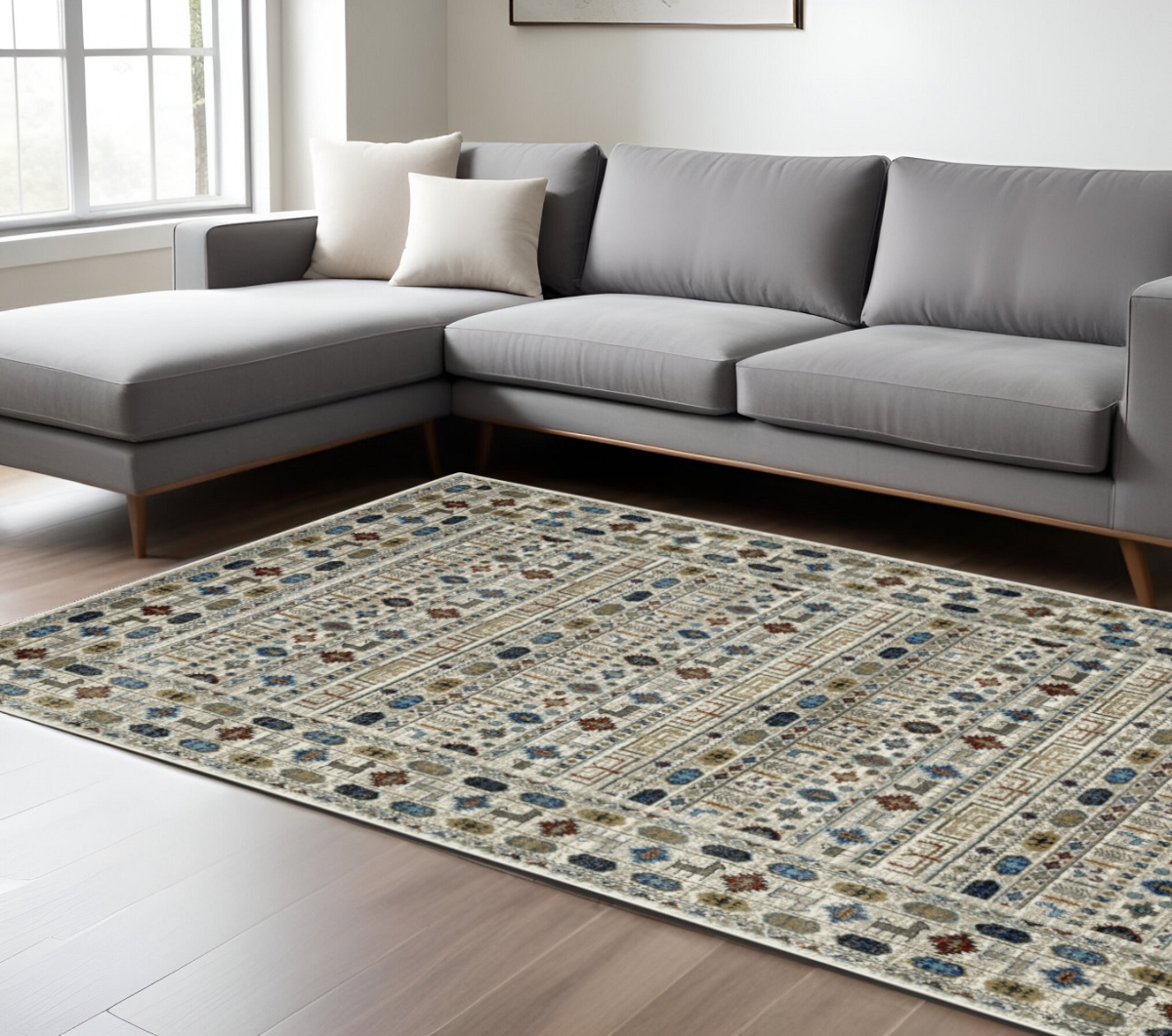 574668 7 x 9 ft. Tribal Rectangle Area Rug, Ivory, Tan & Gray