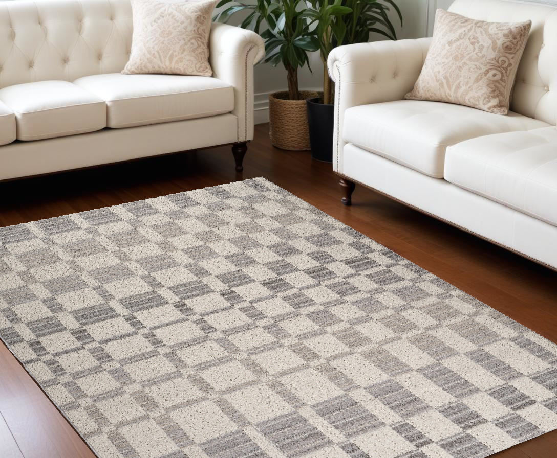 558391 7 x 10 ft. Checkered Distressed Rectangle Area Rug, Gray & Beige