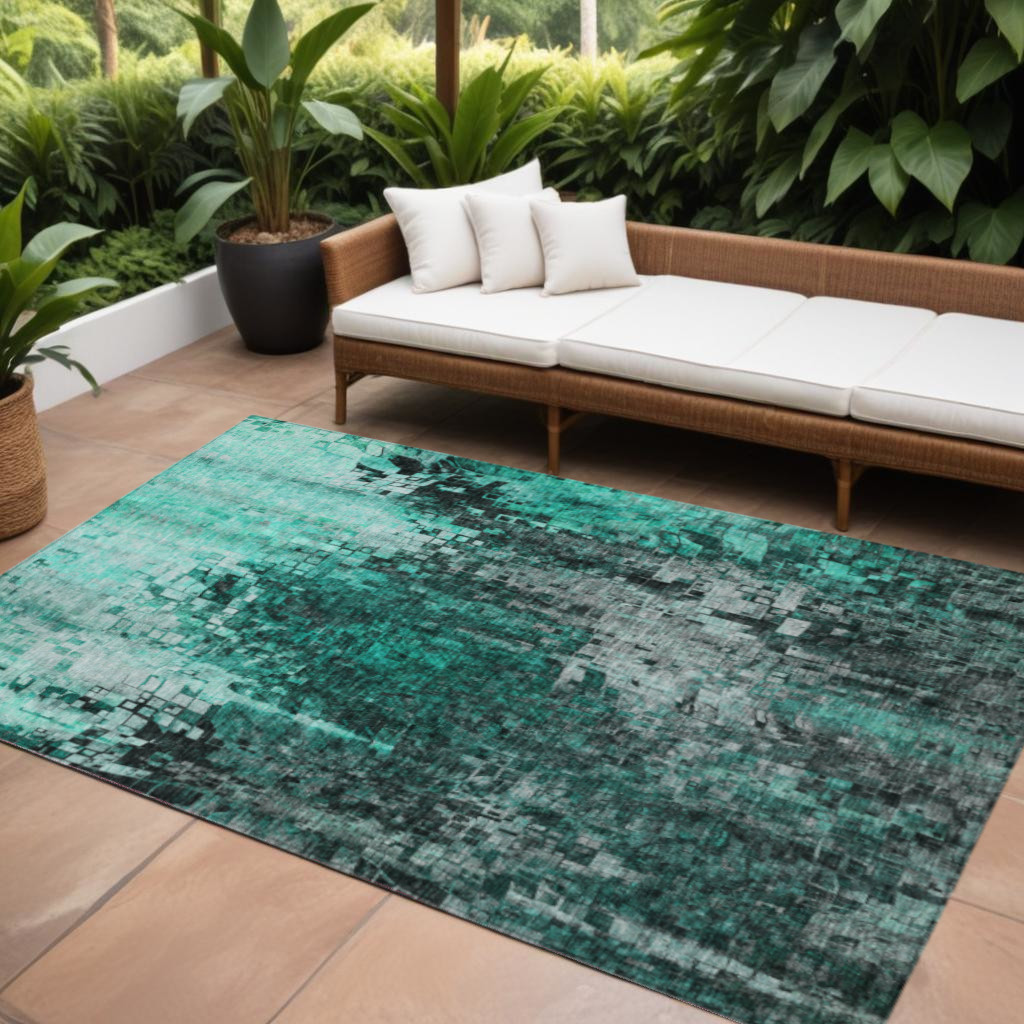 577252 10 x 14 ft. Abstract Washable Indoor & Outdoor Rectangle Area Rug, Teal Blue, Aqua & Gray