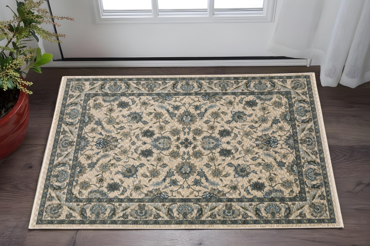 575251 2 x 3 ft. Oriental Rectangle Area Rug with Fringe, Beige & Blue