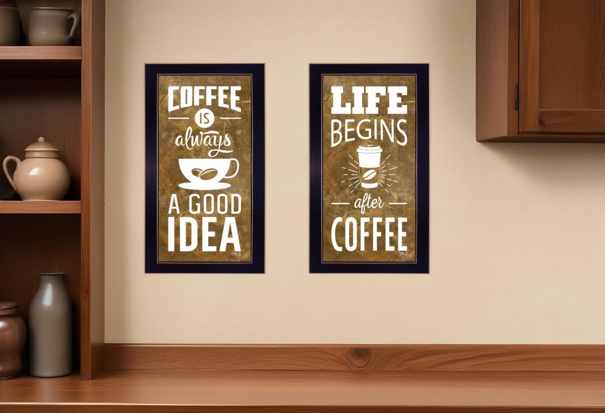 408226 Rectangle Life Begins & Ends with Coffee Black Framed Print Wall Art - Set of 2