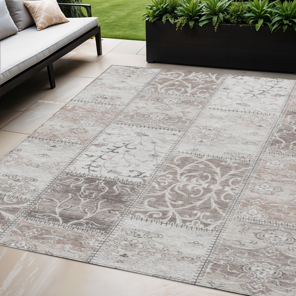 563578 5 x 8 ft. Patchwork Distressed Washable Indoor & Outdoor Rectangle Area Rug, Taupe