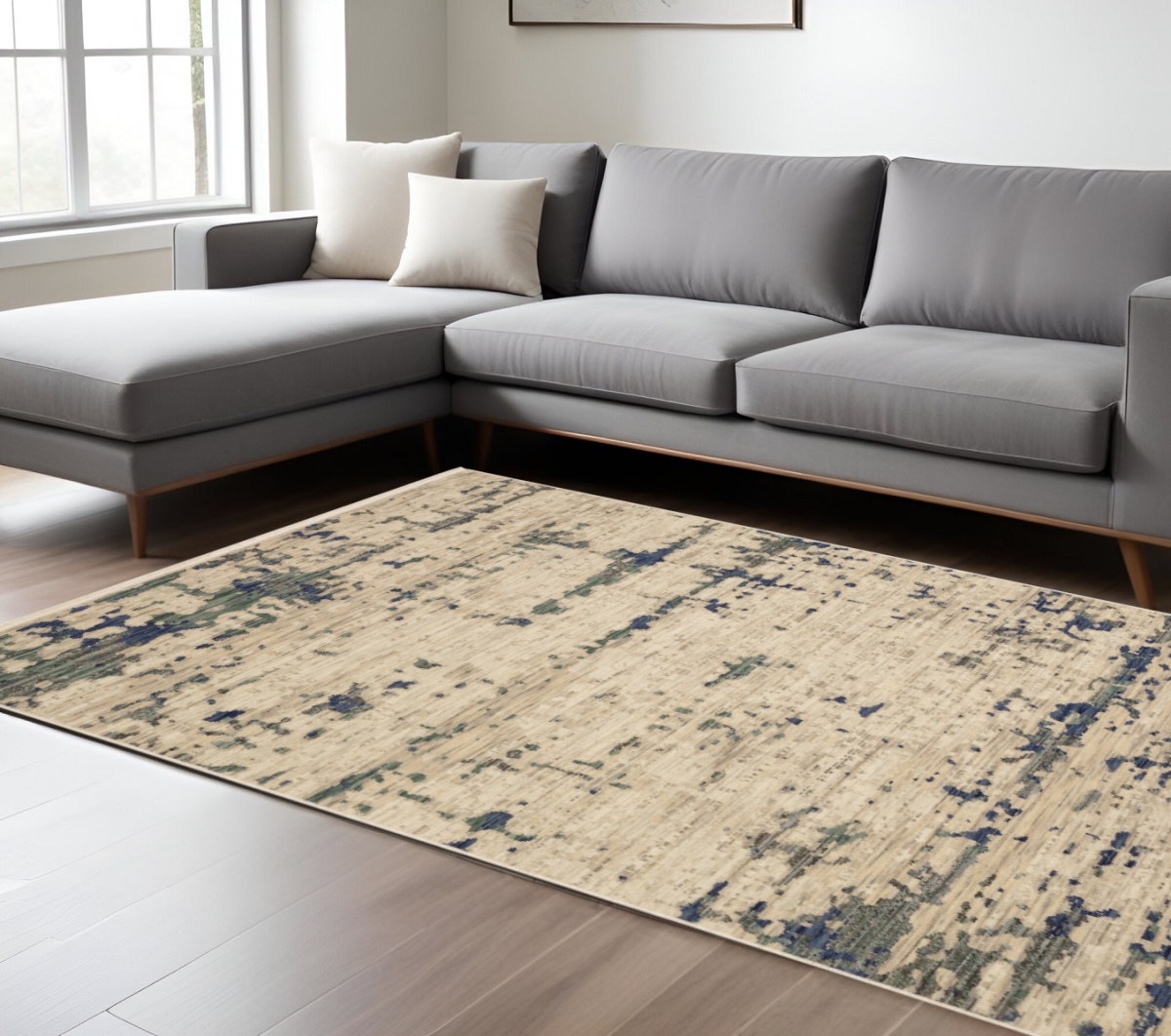 575915 7 x 10 ft. Abstract Rectangle Area Rug with Fringe, Beige & Green
