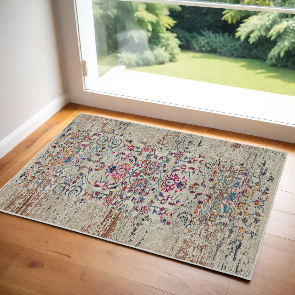 553369 2 x 4 ft. Floral Distressed Rectangle Area Rug, Ivory & Brown