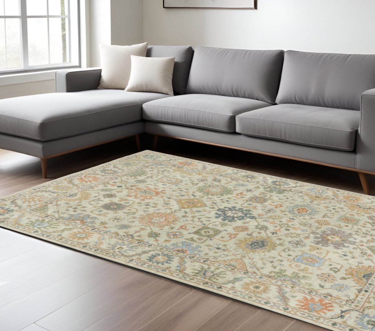 576456 9 x 12 ft. Wool Oriental Hand Knotted Rectangle Area Rug with Fringe, Beige & Green