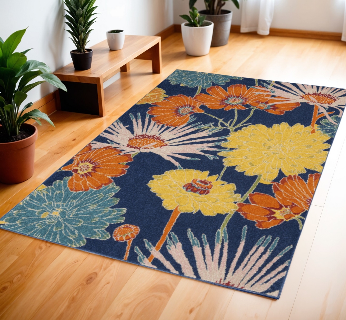 556195 4 x 6 ft. Floral Power Loom Rectangle Area Rug, Blue