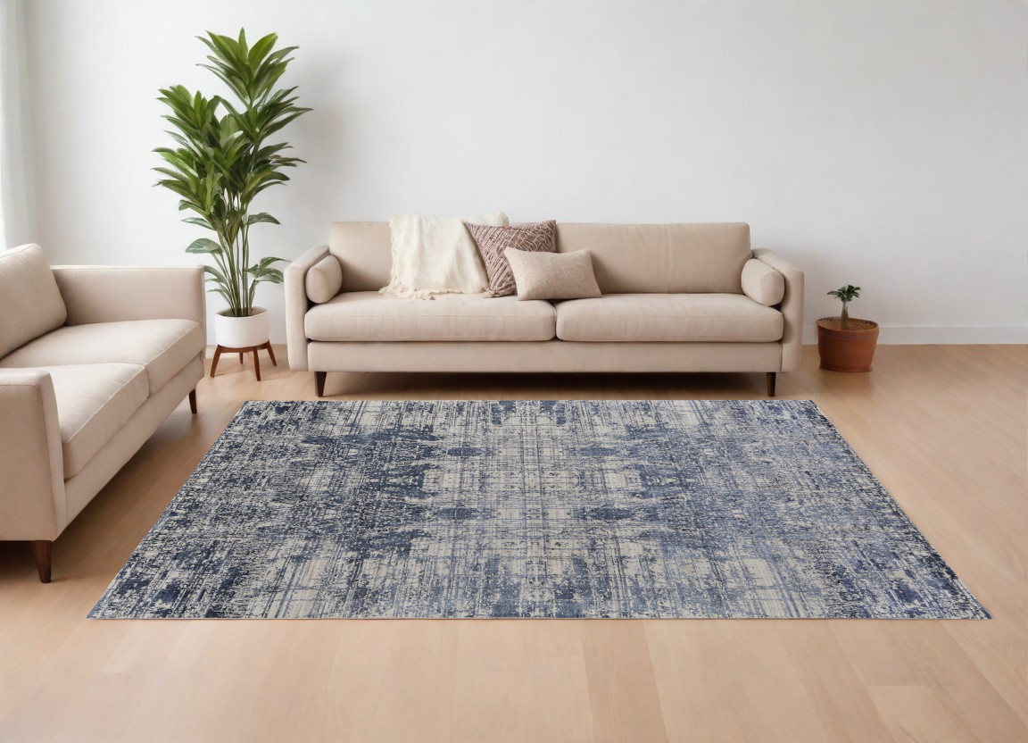 566932 8 x 10 ft. Abstract Hand Woven Worn Faded Rectangle Area Rug, Blue & Ivory