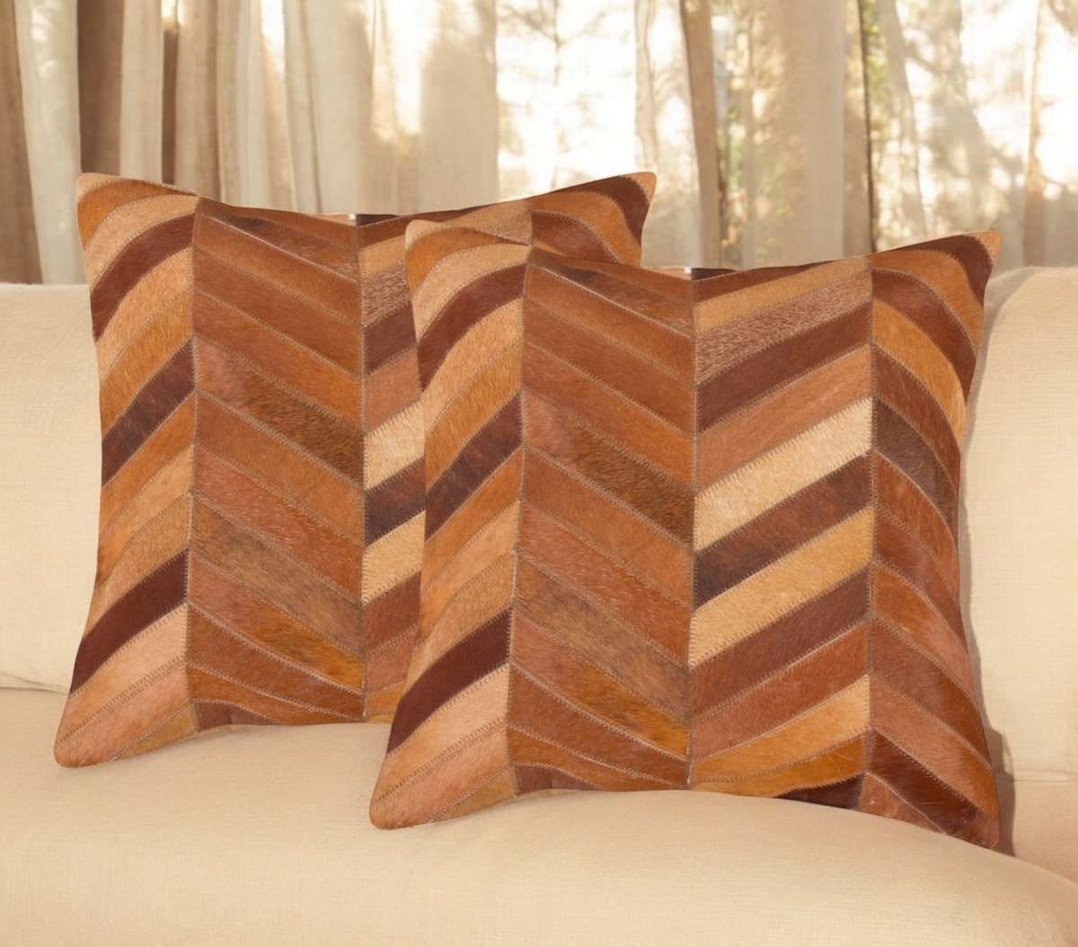 544589 18 in. Tan Chevron Cowhide Throw Pillows - Set of 2
