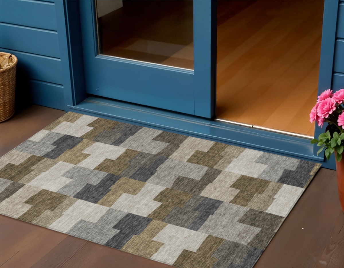 580376 3 x 5 ft. Geometric Washable Indoor & Outdoor Rectangle Area Rug, Brown, Beige & Ivory