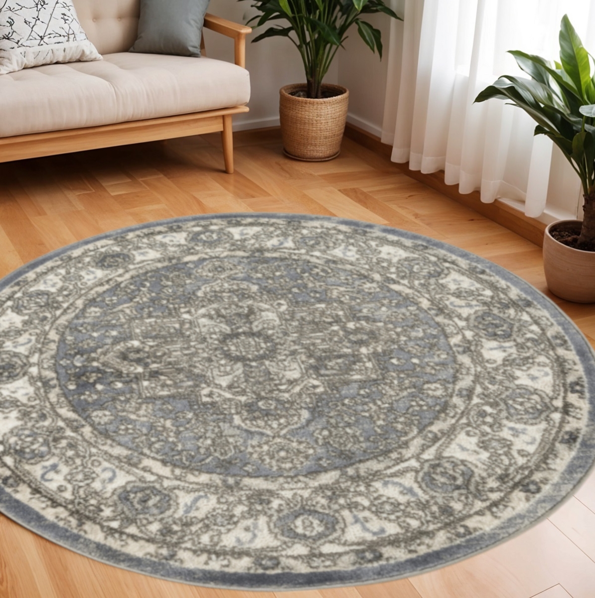 572519 8 ft. Floral Power Loom Round Rug, Blue