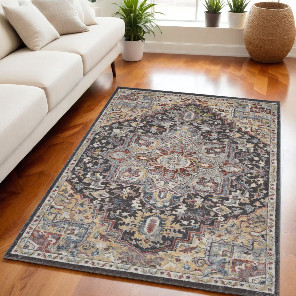 551289 5 x 7 ft. Floral Medallion Distressed Rectangle Area Rug, Charcoal, Brown & Yellow