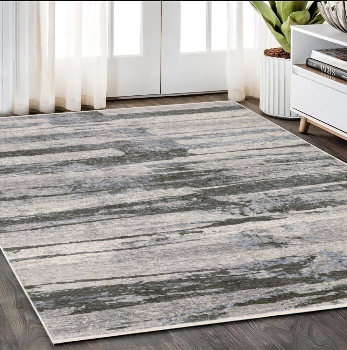 575596 5 x 8 ft. Abstract Rectangle Area Rug with Fringe, Gray & Ivory